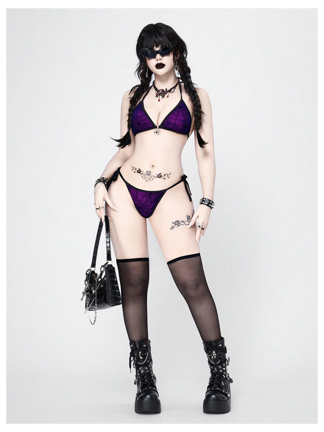 RoseSeek Women's 2 Piece Goth Swimsuits Spiderweb Graphic Halter Triangle String Bikini Set Tie Side Bathing Suits: Medium Purple