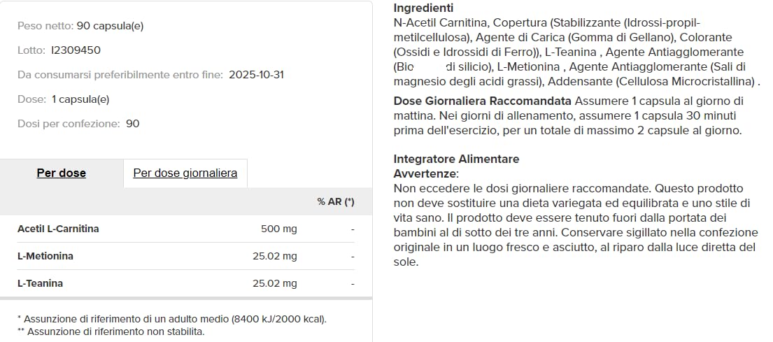 Acetyl l-Carnitina 90 perle - acetil carnitina