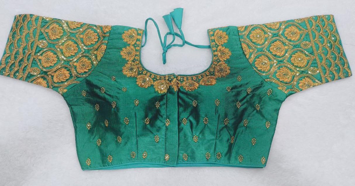 Pujia Mills Women's Phantom Silk Golden Jari Embroidery With Codding Sequin Work Blouse Heavy Sequence Work Blouses Half Sleeve Rama Color Blouse
