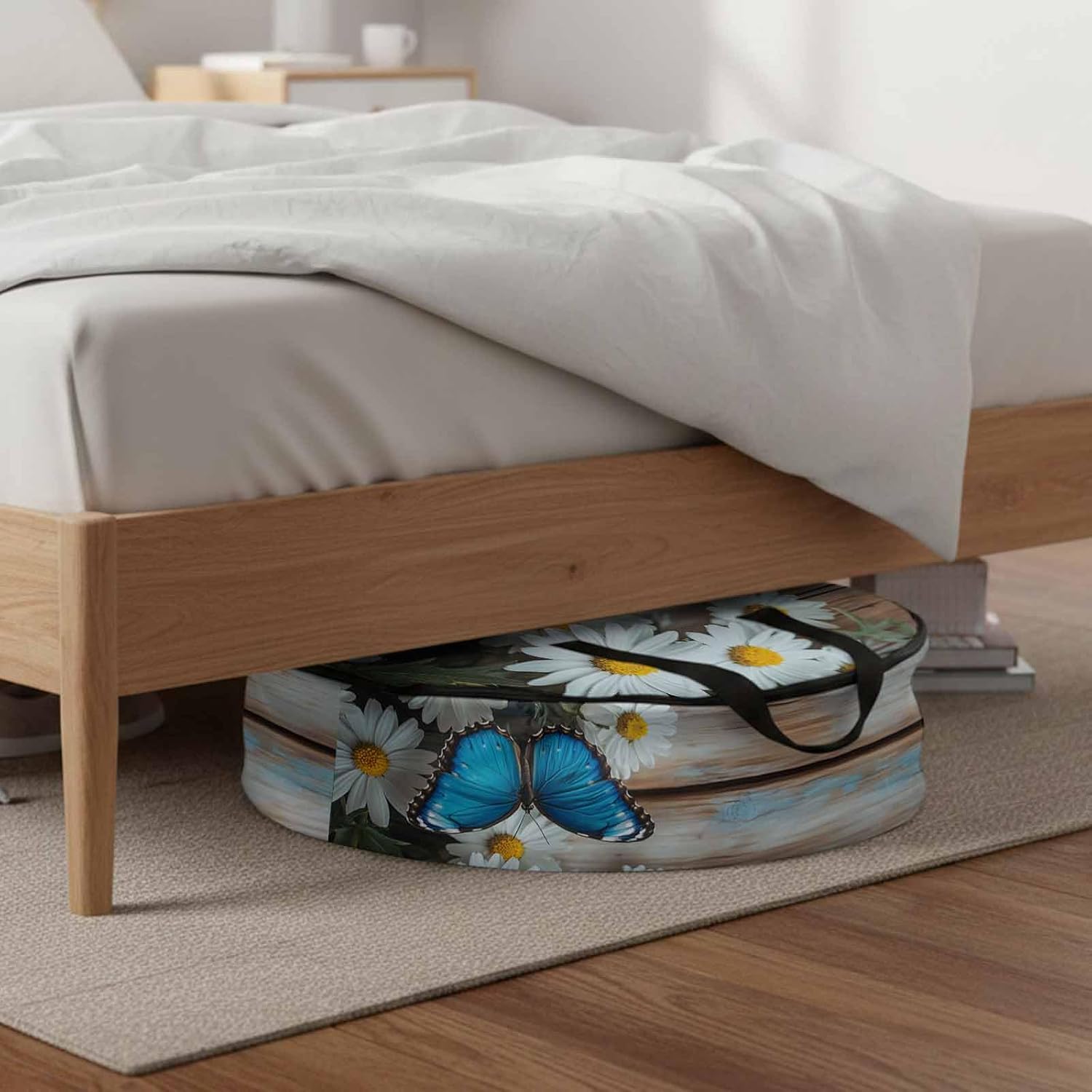 Spring Idyllic Round Storage Bag 36 Inch, Blue Butterfly White Daisy Wood Grain Clothes Storage Container with Handles Heavy Duty Organizer for Comforter, Bedding & Holiday Wreaths