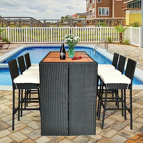 Image of DEVOKO Patio Table and Chairs, All Weather Wicker Outdoor Furniture Bar Dining Set with 6 Chairs and Removable Cushions, Patio Seating Sets for Backyards, Porches, Lawn (Black and White)