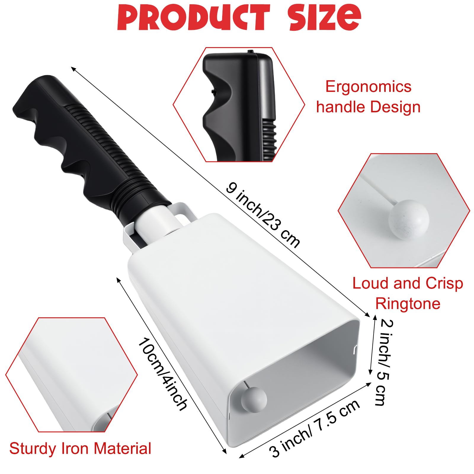 Boao 2 Pcs Cowbell 9 Inch with Handle Cheering Bells Noise Makers for Sporting Events Graduation Wedding Football Games Party Farm Bells Hand Chimes Percussion Musical Instruments(White)