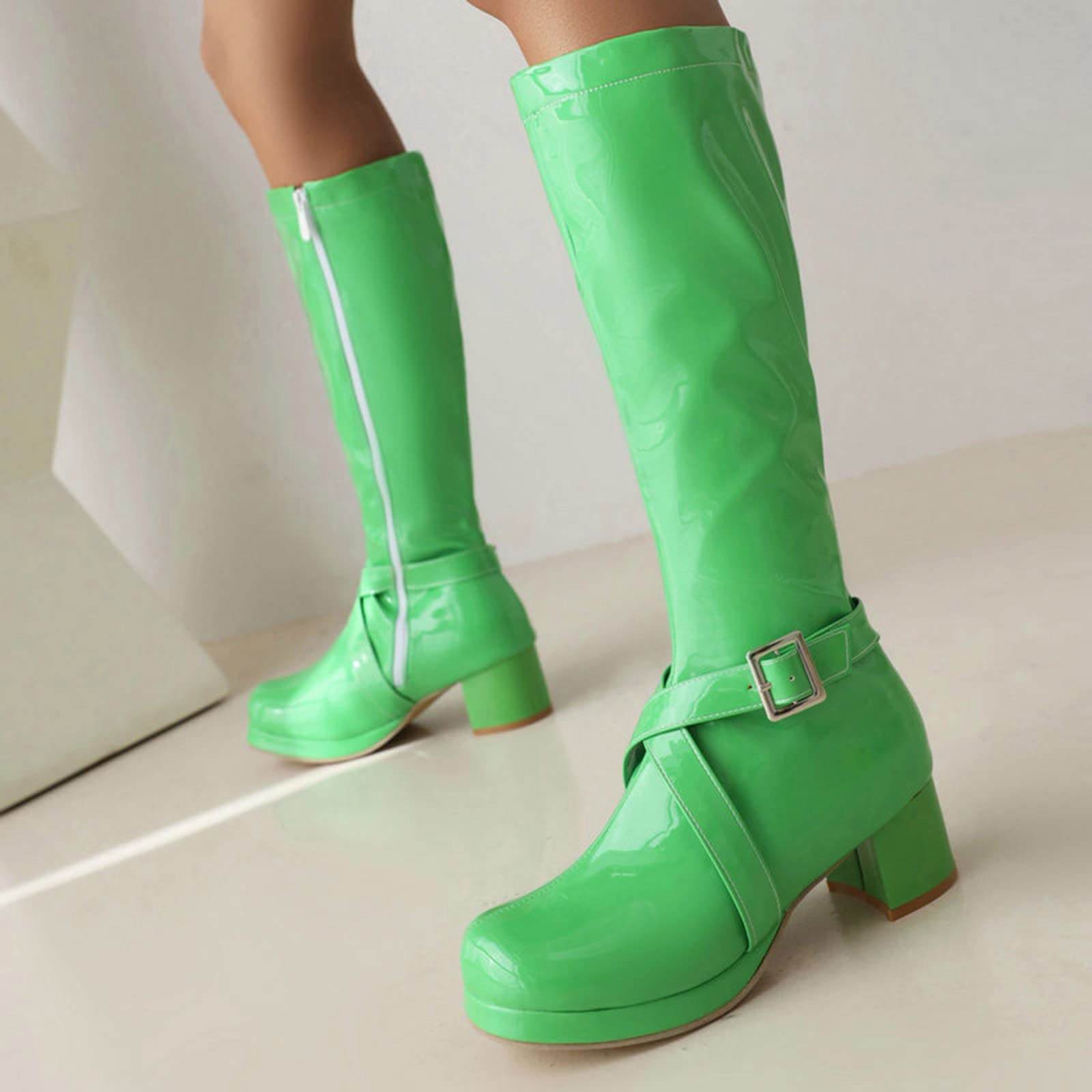 Botas de pantorrilla media para mujer e invierno Hebilla de color sólido de moda Cremallera lateral Cómodo tacón grueso Zapatos de tacón cuadrado Zapatillas de deporte para mujer, verde, 39 EU