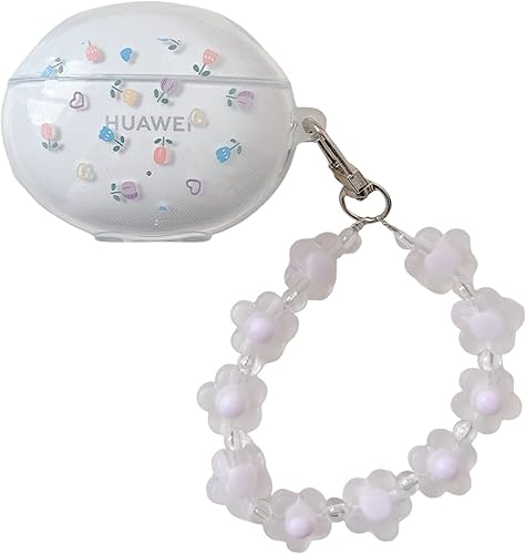Miniatura 1 de CASEVERSE Funda para Huawei Freebuds 5i con llavero, TPU suave lindo flores transparentes cubierta protectora para Freebuds 5i para niñas mujeres