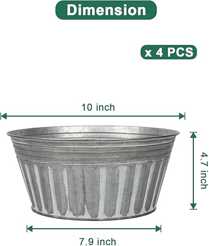 Miniatura 2 de vensovo Macetas rústicas de metal plateado de 10 pulgadas, 4 macetas galvanizadas poco profundas con orificio de drenaje y tapón de goma, macetas de