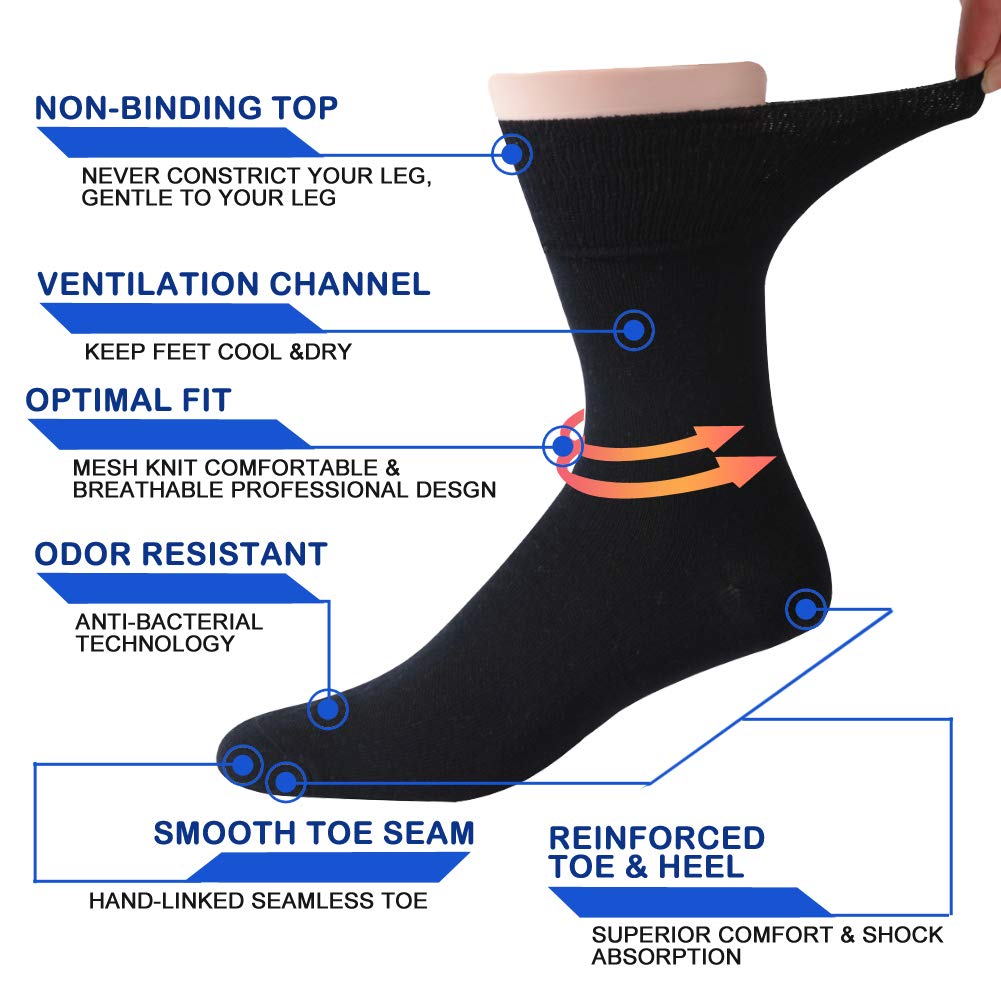 Facool Calcetines para diabéticos para hombre y mujer, sin costuras, parte superior suelta, sin costuras, de algodón, para diabetes, color blanco/gris/negro, 6 pares grandes