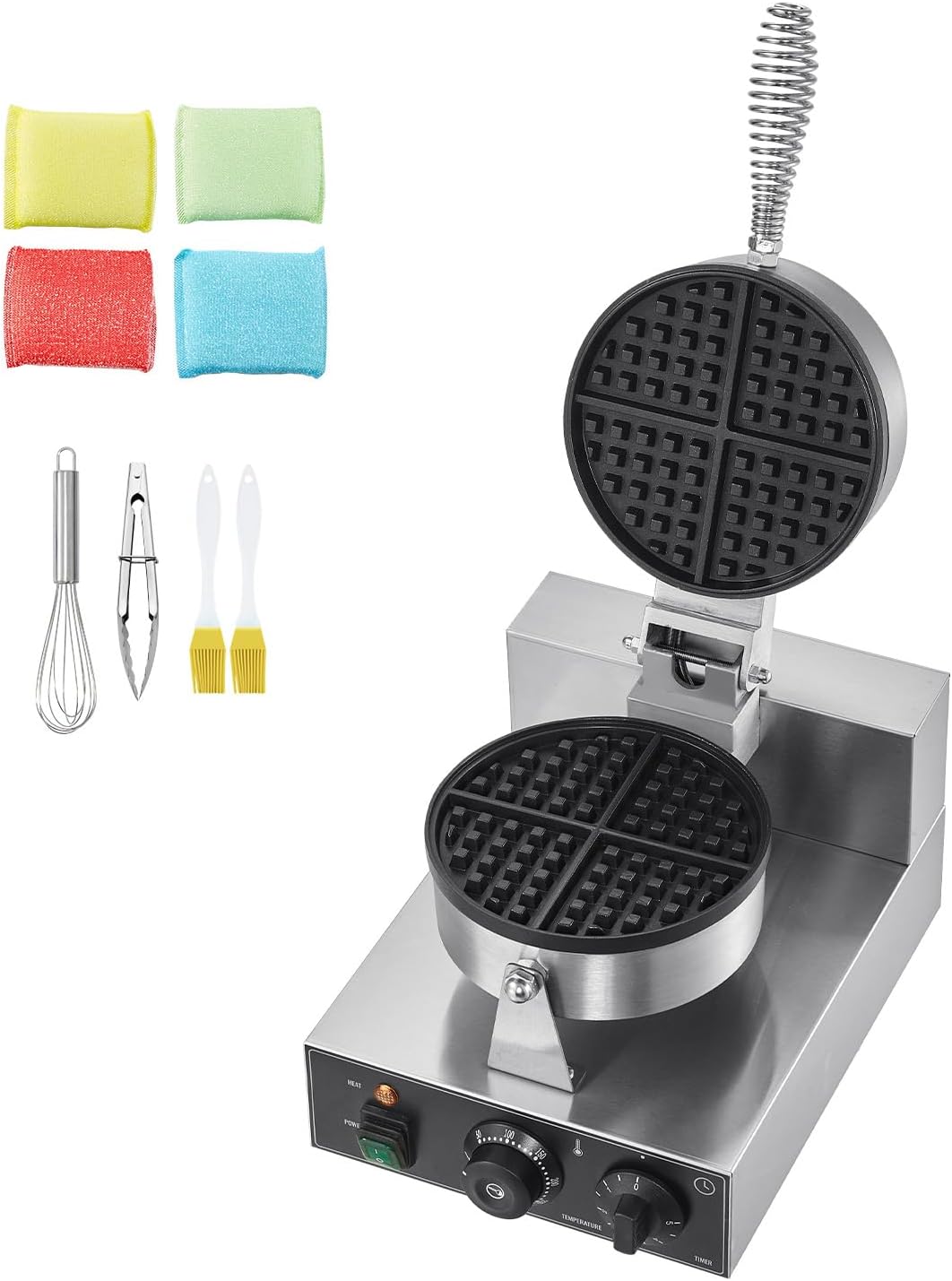 Commercial Waffle Maker, 1230W Round Waffle Machine, Non-Stick Stainless Steel Belgian Waffle Iron with Adjustable Temperature and Timer, Heat-Resistant Handle, Ideal for Restaurants, Bakeries