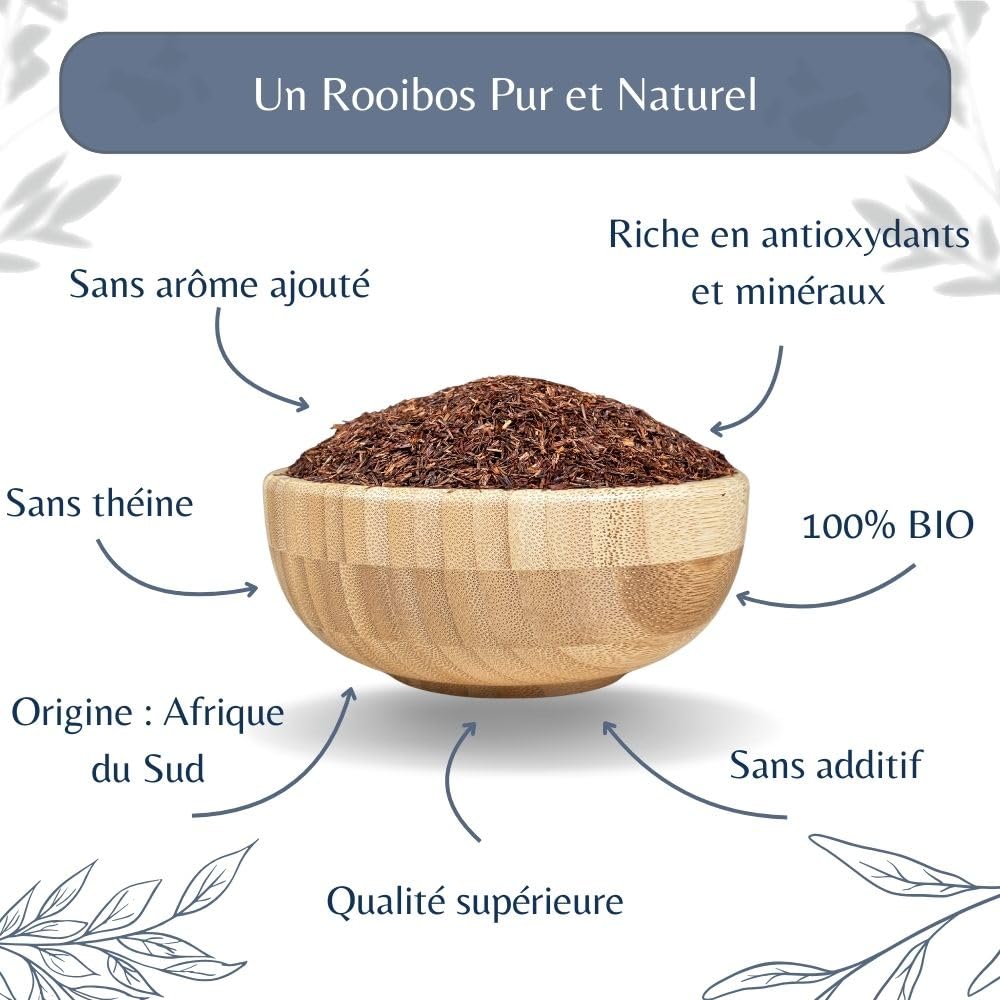 Rooibos Nature Bio - Infusion Vegan en Vrac, 100% Naturel, Sans OGM - Agriculture Biologique - Conditionné en France - Sachet 1 kg (500 Tasses)