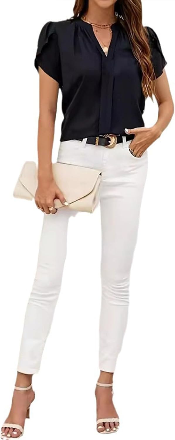 Chiffon Blouses for Women Tulip Short Sleeve Business Casual Tops V Neck Pullover Shirt - Image 5