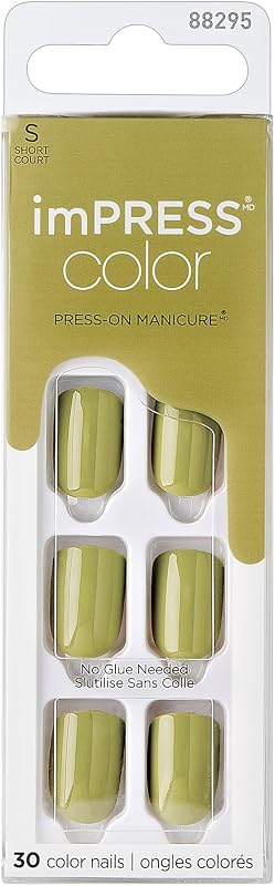 KISS Impress Color No Glue Mani 30 Pcs Press on Nails, Olive Green, Short Size, Squoval Shape, Simple Peel & Press Easy Apply, Hassle-Free Removal, Essential Tools Included