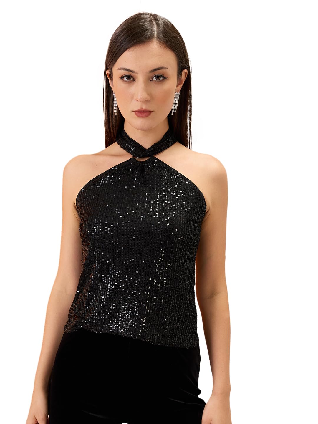 globus Women Halter Neck Twisted Detail Sequinned Party Top-picture-35