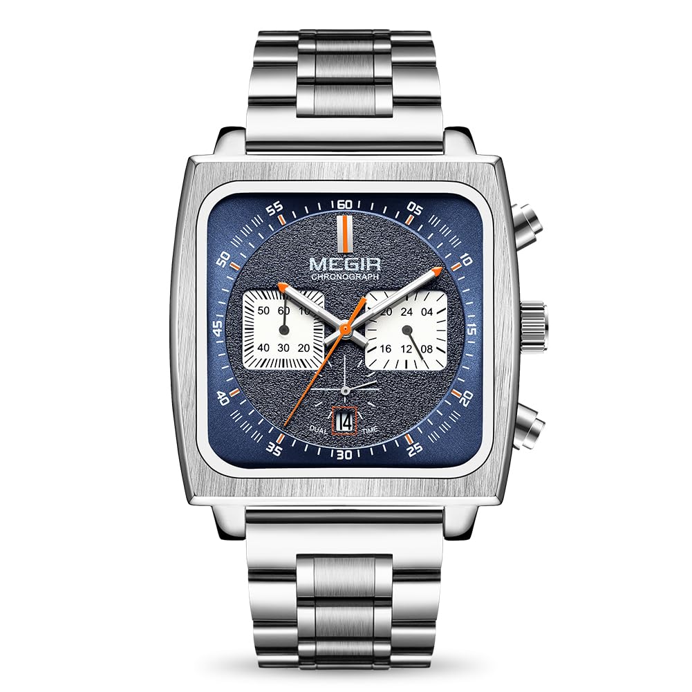 MEGIR Herren Rechteck Business Arbeit Analog Quarz Chronograph Leuchtende Sport Armbanduhr mit Leder/Edelstahl Armband 2182G, silber, blau, Geschäftsarbeit