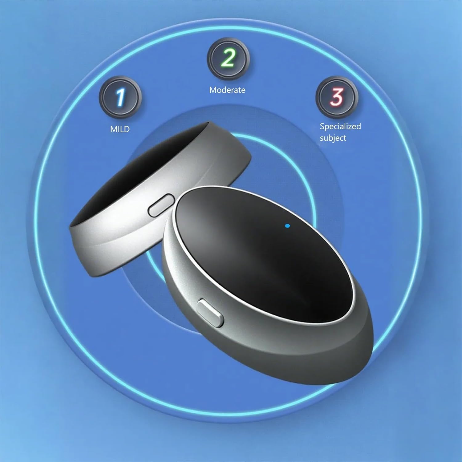An illustration showing two anti-snoring devices with numerical labels 1, 2, and 3, representing Mild, Moderate, and Specialized Subject settings.