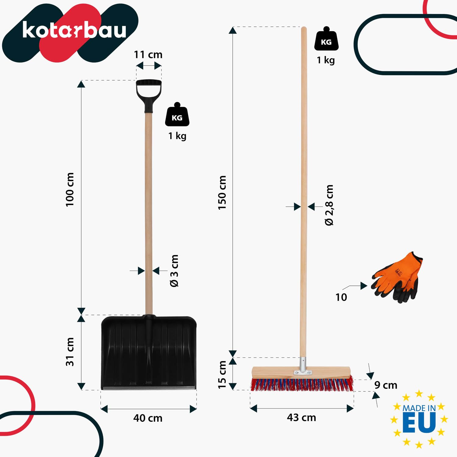 KOTARBAU® Set pala da neve con manico in legno 131 cm scopa da strada 43 cm + guanti pala da neve pala da neve spazzaneve scopa da giardino con manico esterno pala da neve auto manico in legno per la