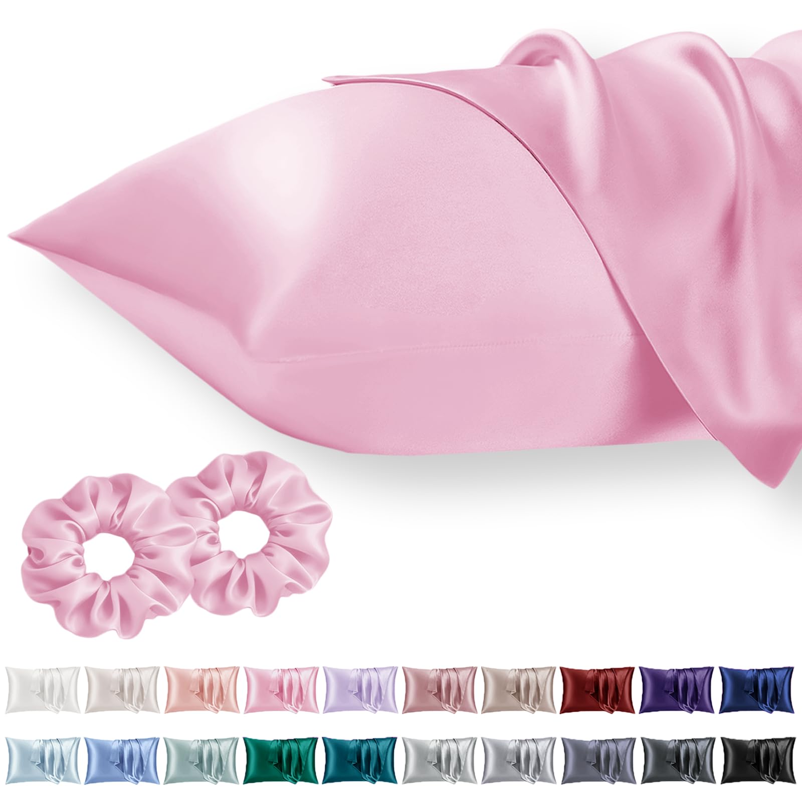 Vielit Standard Satin Pillowcase for Hair 2pc,Similar to Silk Pillow Cases,Easier Care Than Silk Pillowcase,Gifts for Women Men,Pink,20x26 & Envelope Closure and 2 Satin Scrunchies — image 1