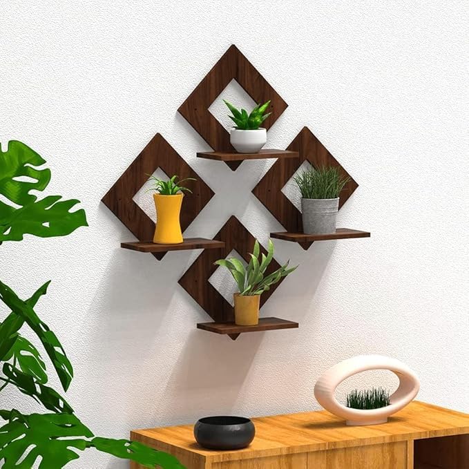 Image of Diamond Shape Wall Shelf with Artificial Potted Plants, Set of 7, Home Decor (Brown)