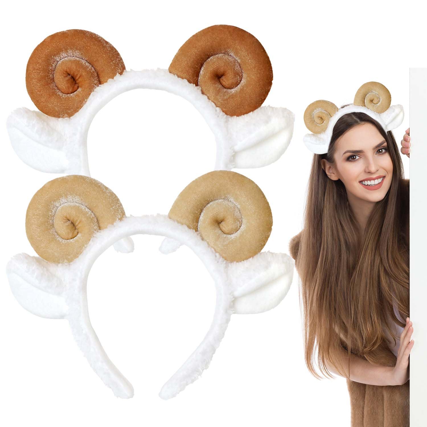 2 PCS Fur Ears Headband, Sheep Horn Hairband Lamb Hair Hoop Cute Animal Headwear Animal Costume Accessories for Christmas Birthday