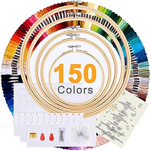 Embroidery Starter Kit Cross Stitch kit Beginners 150 Colours Embroidery Threads, 30 Sewing Pins, 5 PCS Bamboo Embroidery Hoops, 3PCS Aida Cloth,Cross Stitch Tools Kit with Instruction Cover
