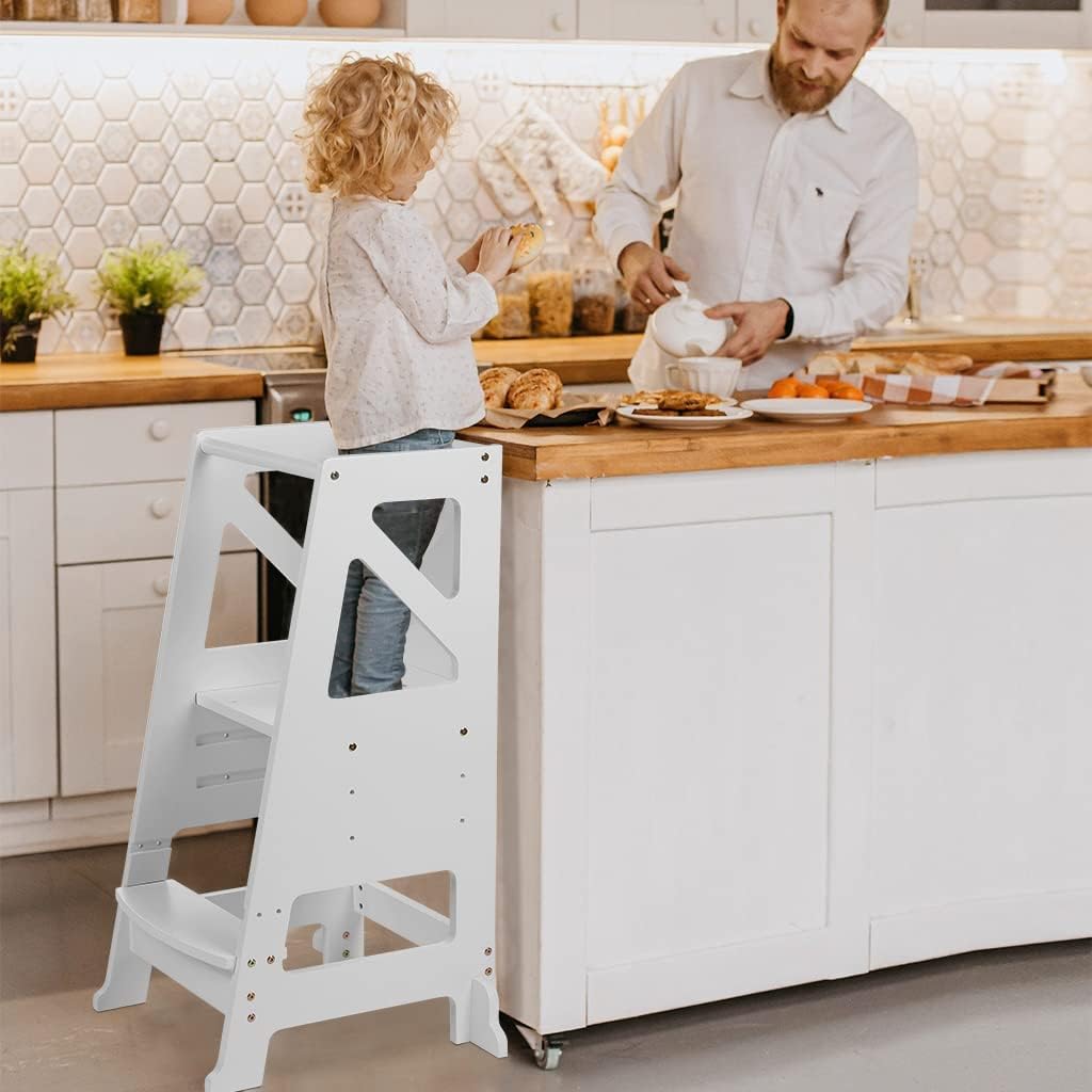 Dripex Torre di Apprendimento per Bambini, Torre Montessoriana in Legno, Learning Tower con Lavagna Magnetica Bifacciale, Regolabile, Sicurezza, Realizzato in legno di alta qualità (Bianco - Classico)