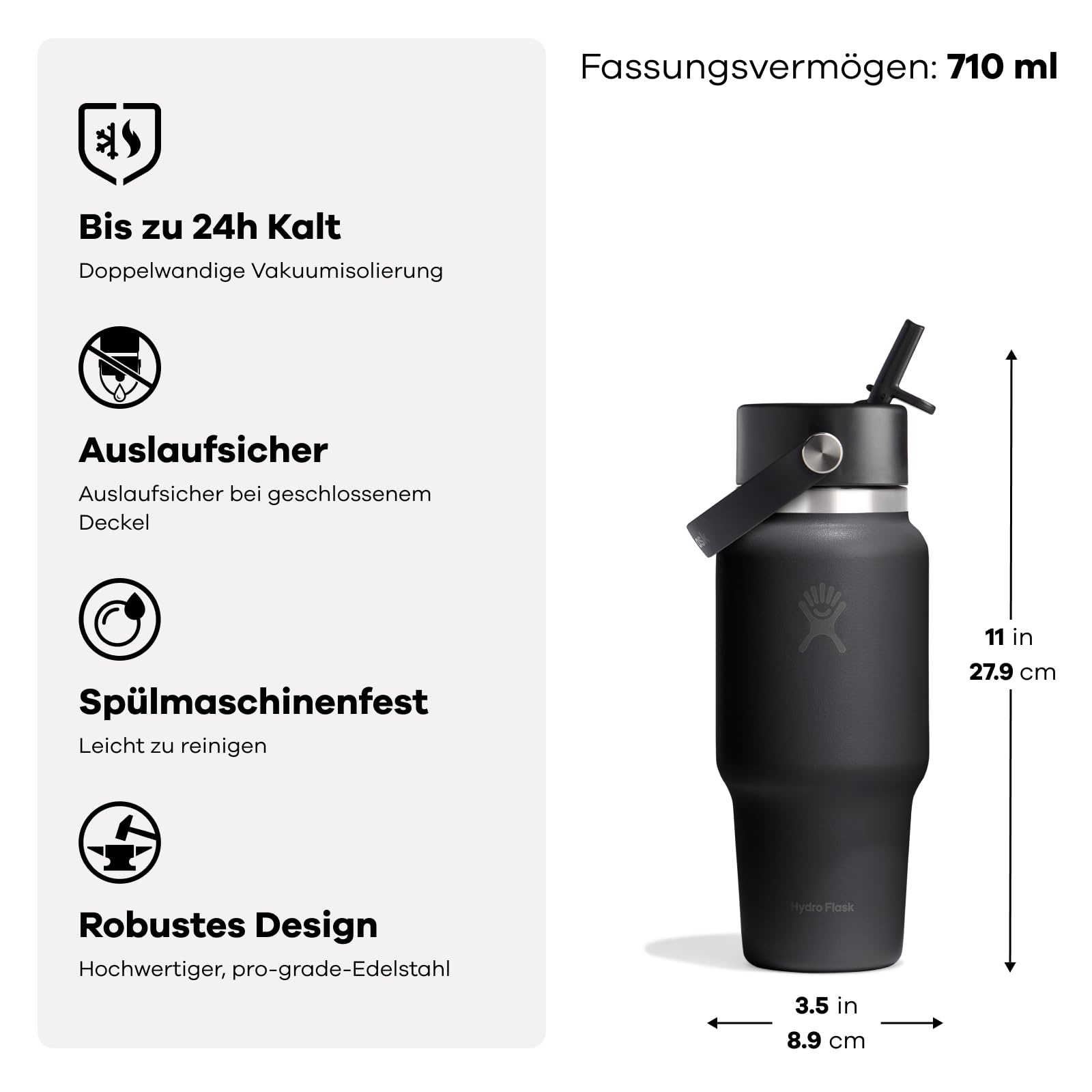 Hydro Flask – Wide Flex Straw Travel Bottle 710 ml (24 oz) – Auslaufsicher, isoliert, passend für Becherhalter – Hält Getränke 24 Std. kalt – Flex Strohhalmdeckel – Mermaid Green