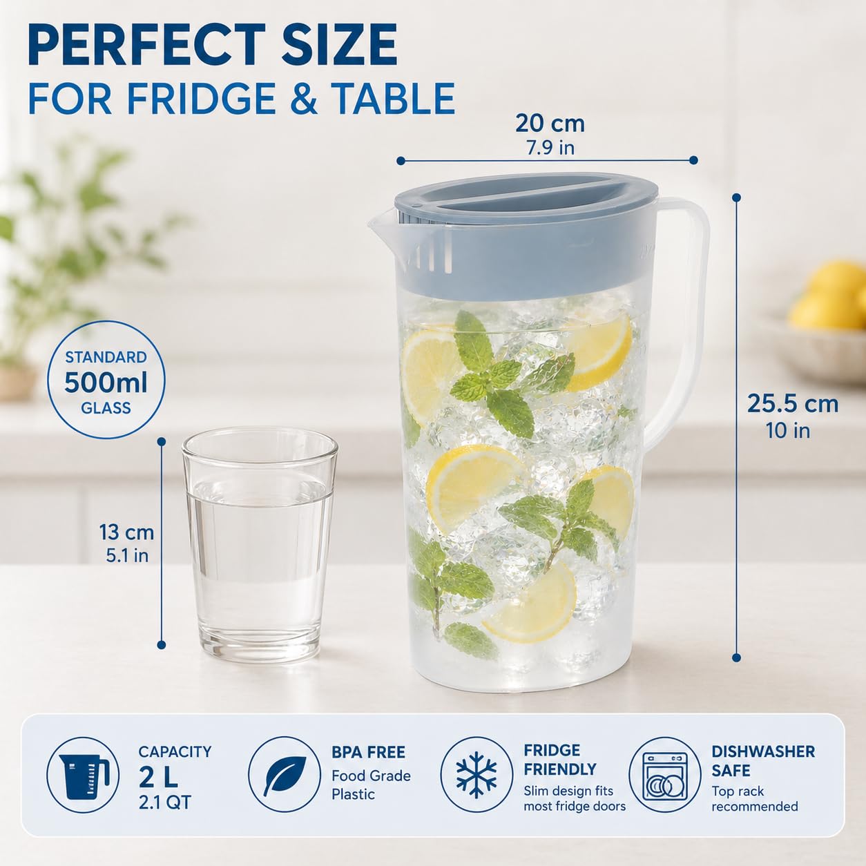 Caraffa per acqua in plastica da 2 l, con coperchio e manico, infrangibile, per frigorifero, caraffa trasparente per succo di limonata, latte, tè freddo e bevande fredde