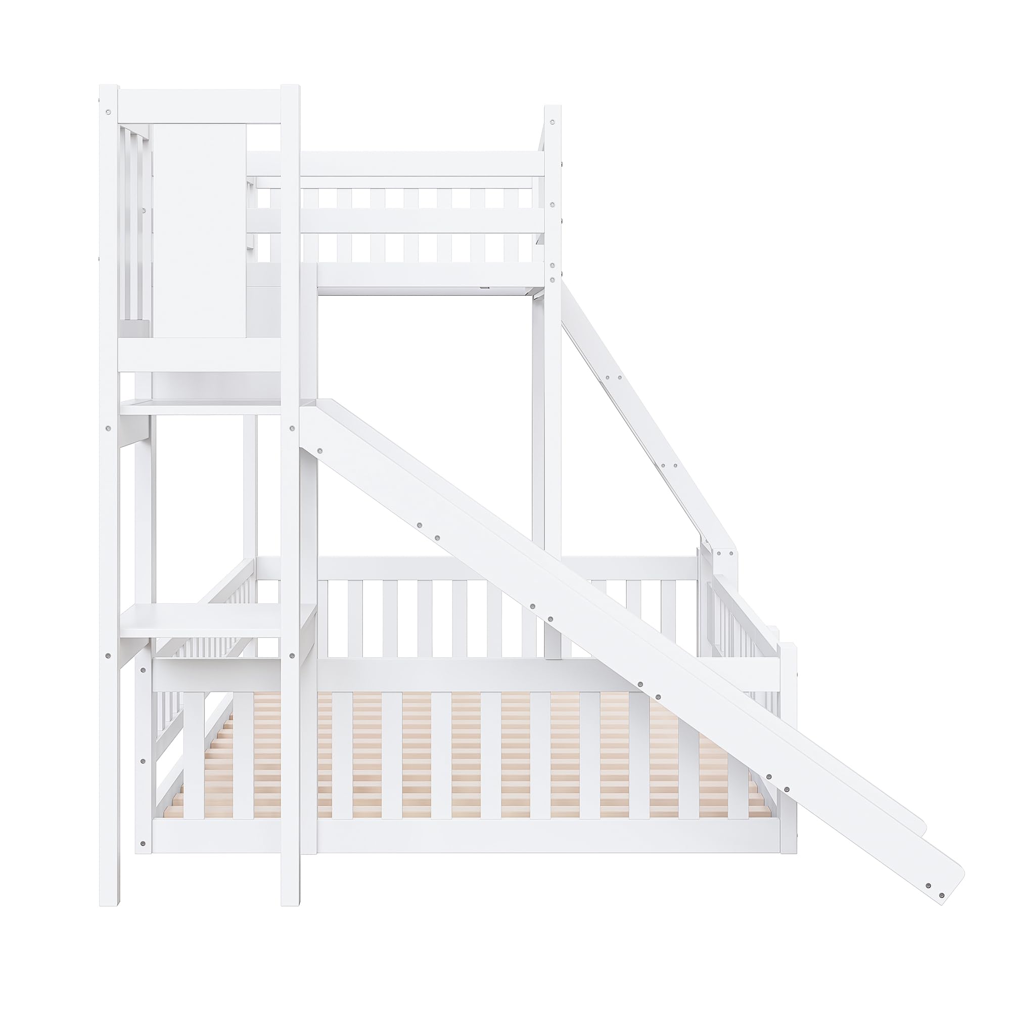 Merax Etagenbett Kinderbett 90x200 und 140x200, Hochbett mit Rutsche und Stufen, Mehrere Regale, Bettgestell mit Lattenrost und Ausziehbare kleine Tür(ohne Matratze), Weiß
