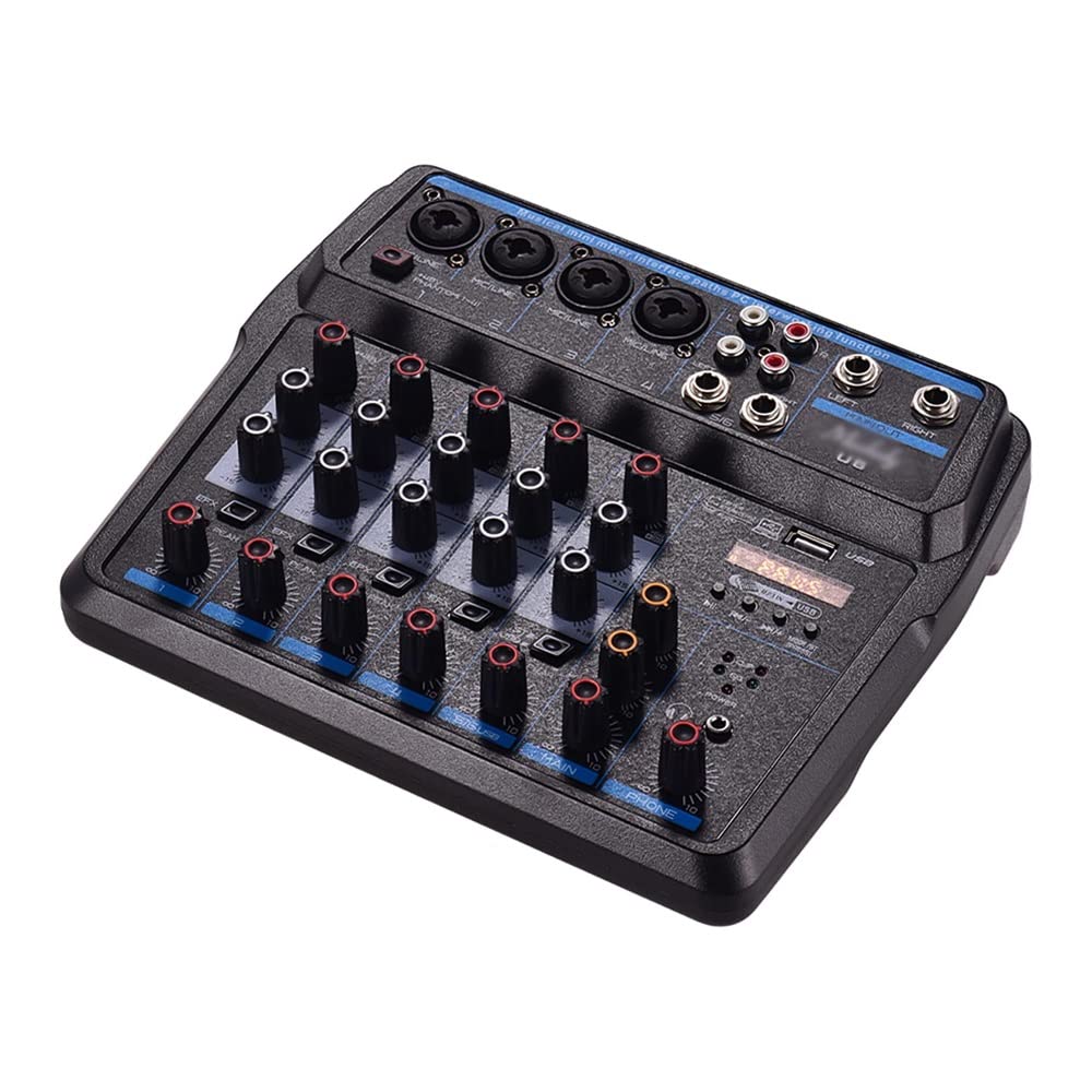 U6 - Mini mezclador musical de 6 canales, mezclador de audio BT USB, consola de mezcla con tarjeta de sonido integrada Phantom de 48 V
