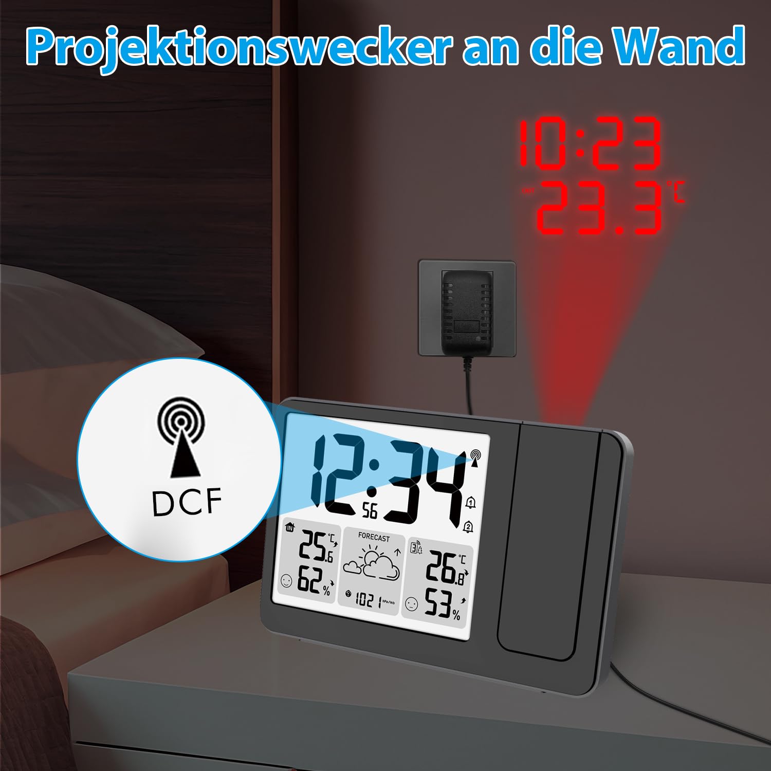 Uzoli EM3539E Projektionsuhr mit Wetterstation, DCF Funkuhr, 180° drehbare Projektion, Temperatur, Feuchtigkeit, Wettervorsage, 2 Wecker, Komfortstufen, Projektionswecker mit 1 drahtloser Außensensor