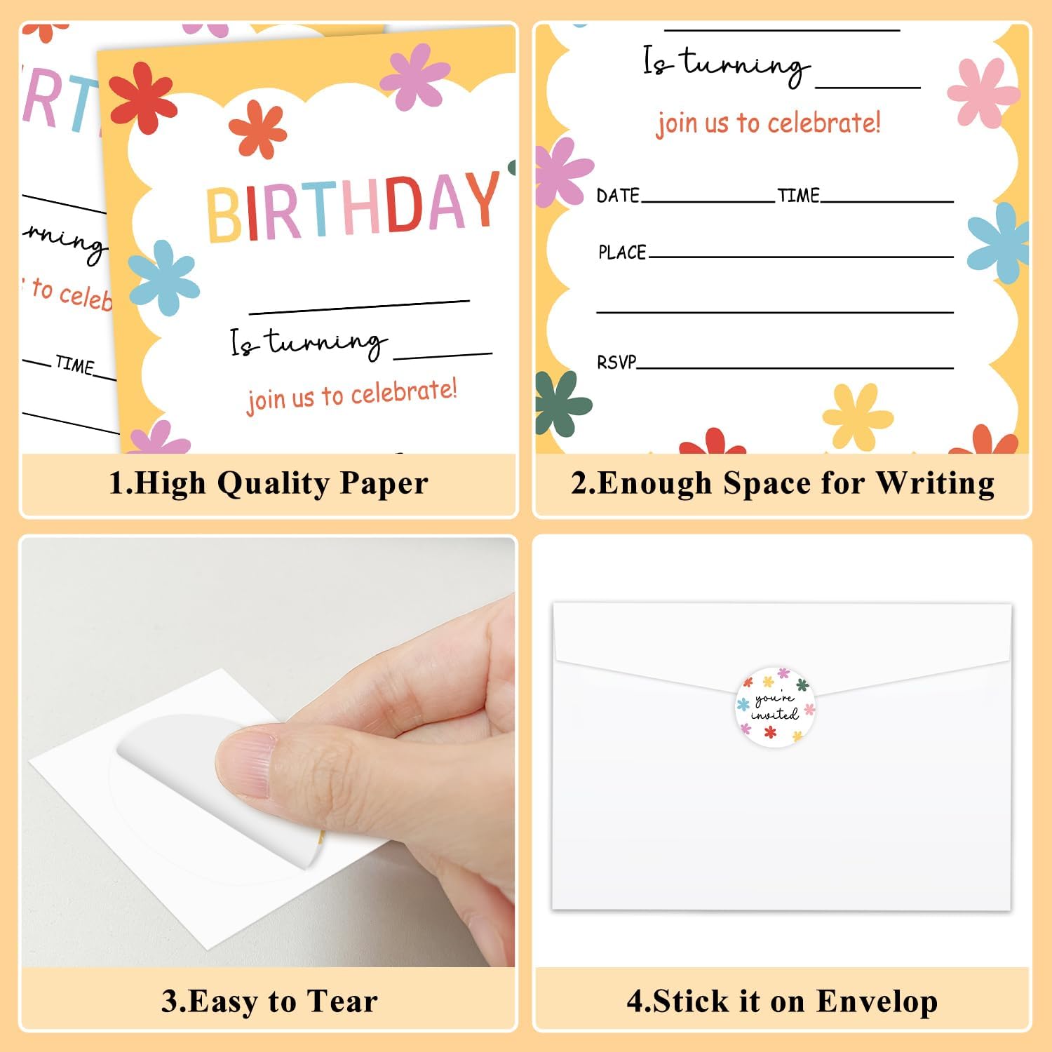Colorful Daisy Flower Birthday Party Invitations, Yellow Invites Cards with Envelopes and Sticker (20 Pack), Birthday Party Decorations Supplies /01