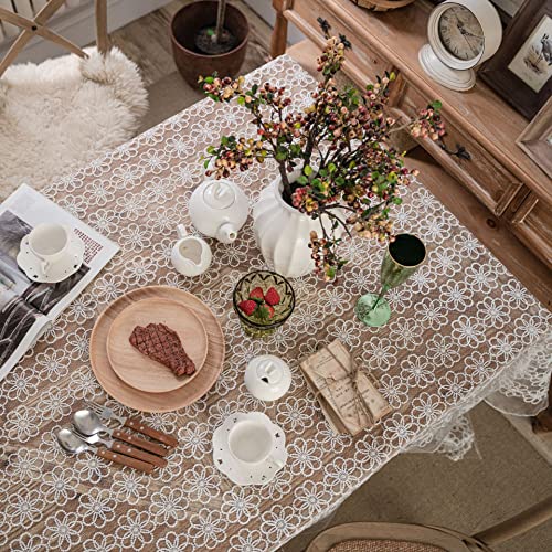 Mantel de encaje blanco, mantel rectangular bordado floral para decoración de bodas, fiestas (flor blanca, 130 x 180 cm) Cover