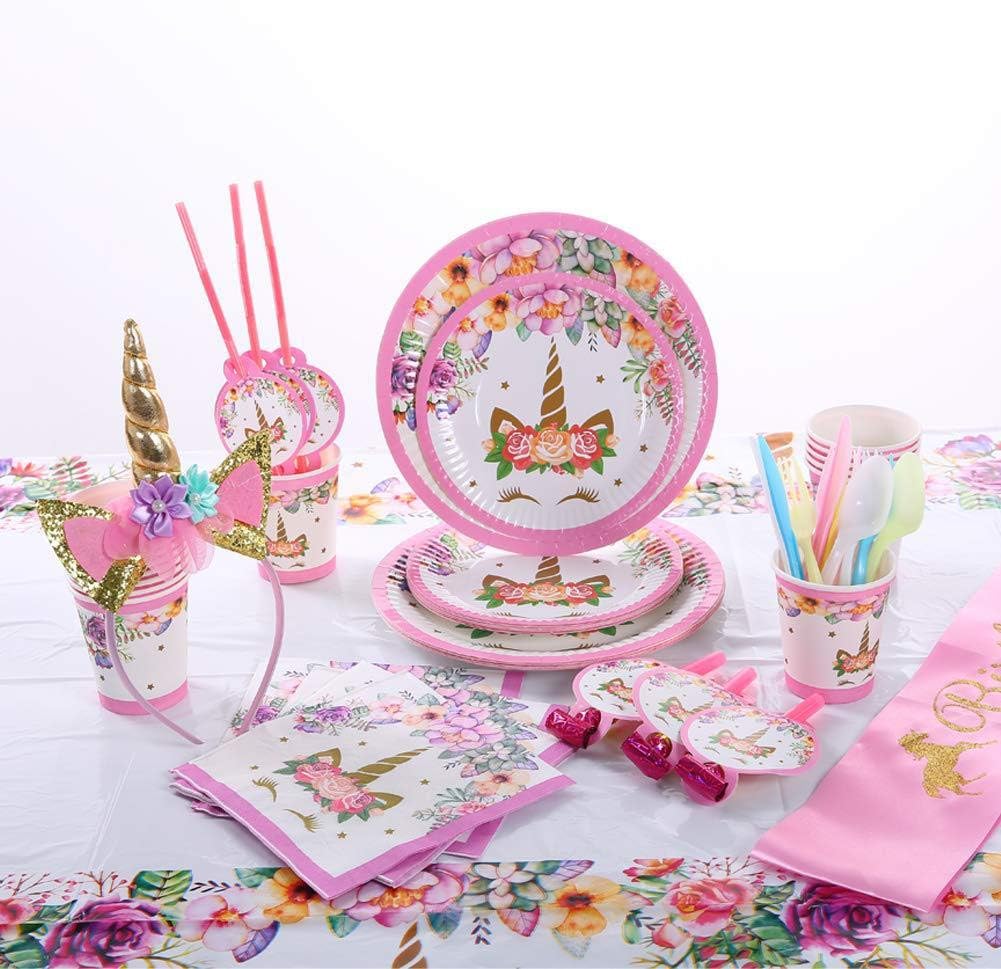 49 Pack Unicorn Tableware Plates Napkins Sets Unicorn Theme Party Supplies Including Plates Napkins Tablecover for Kids Party Serves 16 Guests