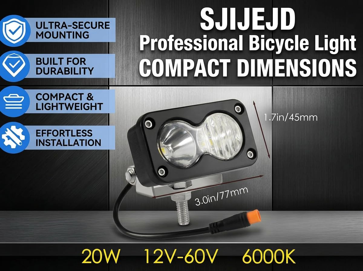 Universal 3 Pin E-Bike Headlight, 20W 6500K Super Bright LED Headlight for Electric Bike, Waterproof Front Light Compatible with Motorcycle, ATV, 12V-60V (Yellow)