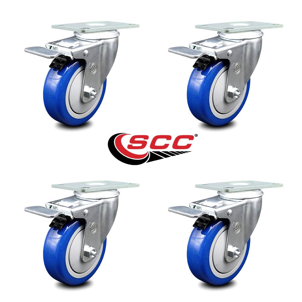 Polyurethane Swivel Top Plate Caster Set of 4 with 4 Inch Blue Wheels - Includes 4 Swivel with Total Lock Brakes - 1400 lbs. Total Capacity - Service Caster Brand