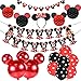 JOYMEMO Décorations d'anniversaire à Souris de Dessin Animé Rouge et Noir pour Filles, Bandeau d'oreille Souris de Dessin Animé, bannière et Guirlande Joyeux Anniversaire pour 1er 2e Anniversaire