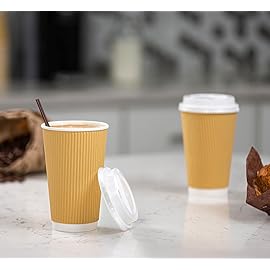 GUSTO Comfy Package [16 oz. - 50 Sets] Insulated Kraft Ripple Paper Hot Cups, Disposable Coffee Cups With Lids - Ideal for Hot Beverages, Travel, and Office Use - (Formerly