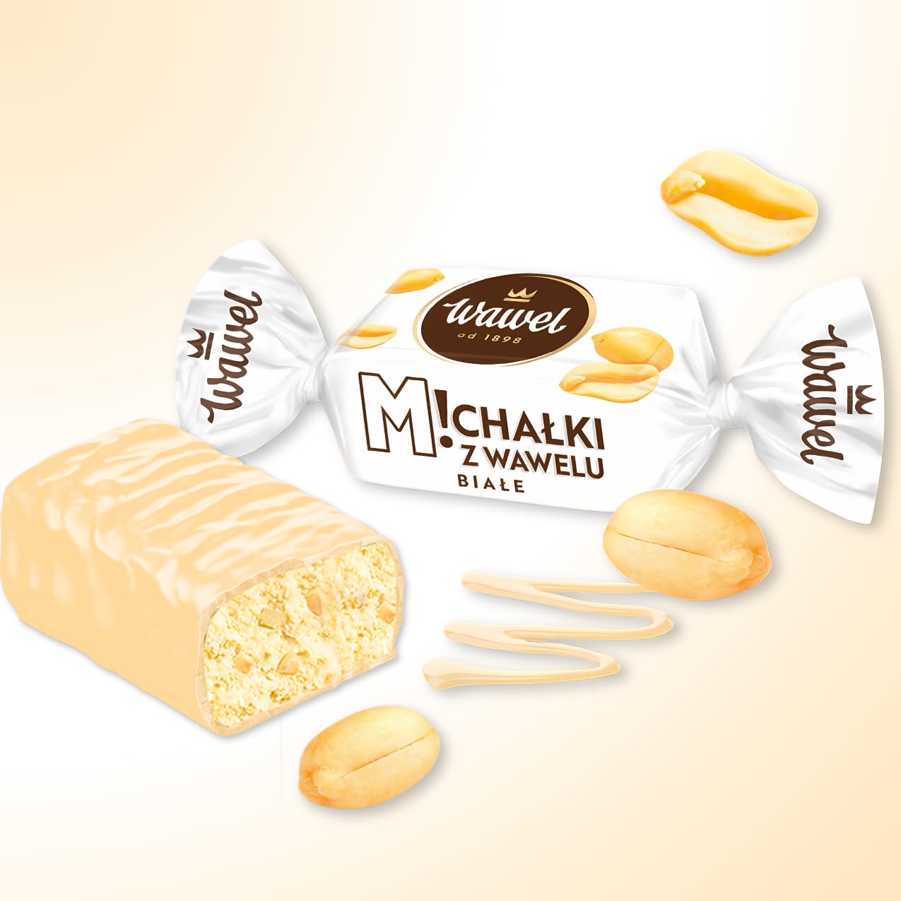 Wawel Michałki Białe z Wawelu Cukierki z orzeszkami arachidowymi w białej polewie 26% orzeszków 1kg 1000g