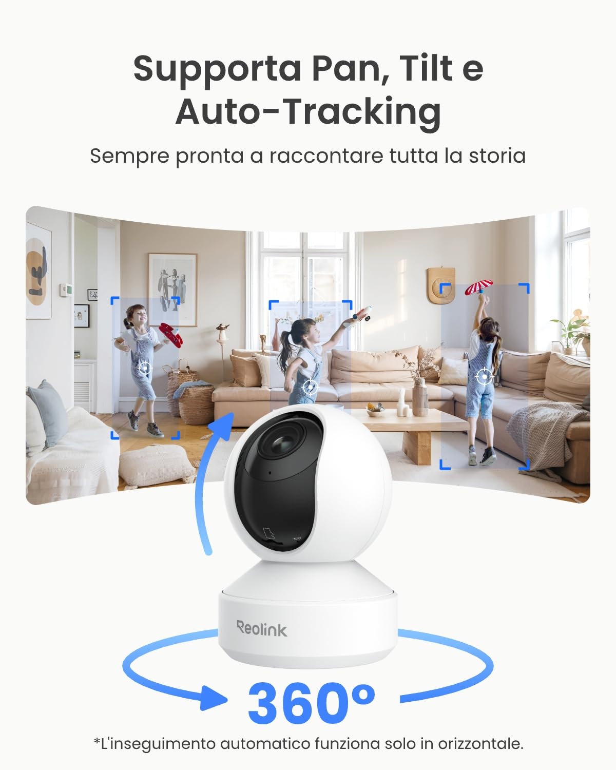 Reolink 4K Telecamera WiFi Interno PTZ, Zoom Ottico 3x, WiFi 6 Dual-Band, Auto-Tracking, Videocamera Sorveglianza con Rilevamento Persona/Animali/Pianto, Modalità Privacy, Baby Monitor, E1 Zoom