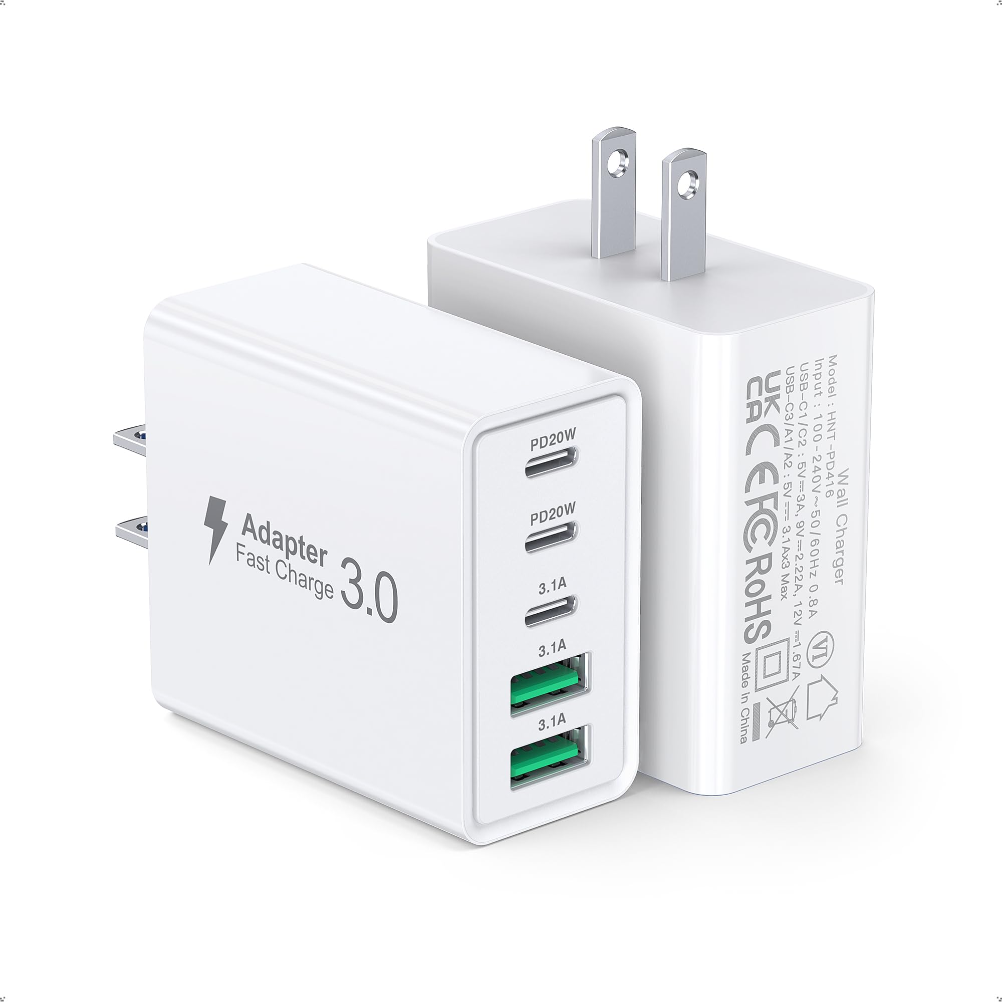 Paquete de 2 bloques de carga rápida USB C, 60 W, 5 puertos, cargador de pared USB, 2 USB A y 3 USB C PD3.0, adaptador de corriente multipuerto tipo C, enchufe de carga para iPhone 17/16/15/14, Pad