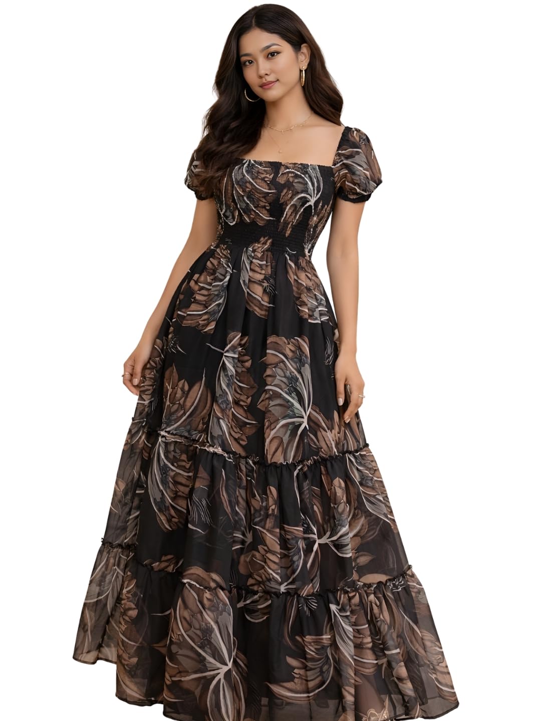 Women’s Black Floral Printed Maxi Dress | Square Neck Puff Sleeve Fit & Flare Dress | Casual-image-15