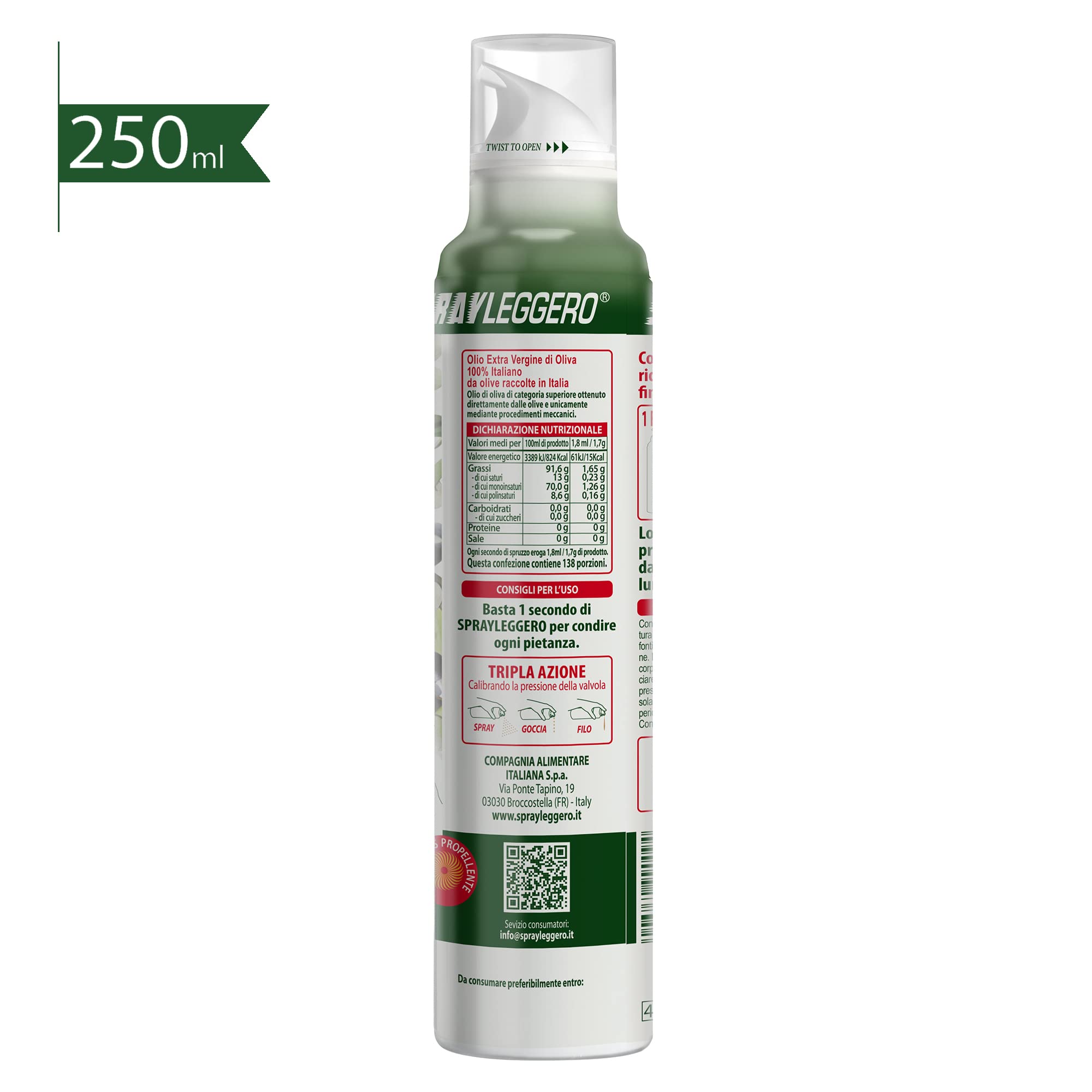 Olio Extra Vergine di Oliva 6x250 ml - Olio Spray 100% italiano, estratto a freddo – Sprayleggero – 100% Naturale, Leggero, Facile - Con lo spray risparmi fino al 90% di prodotto