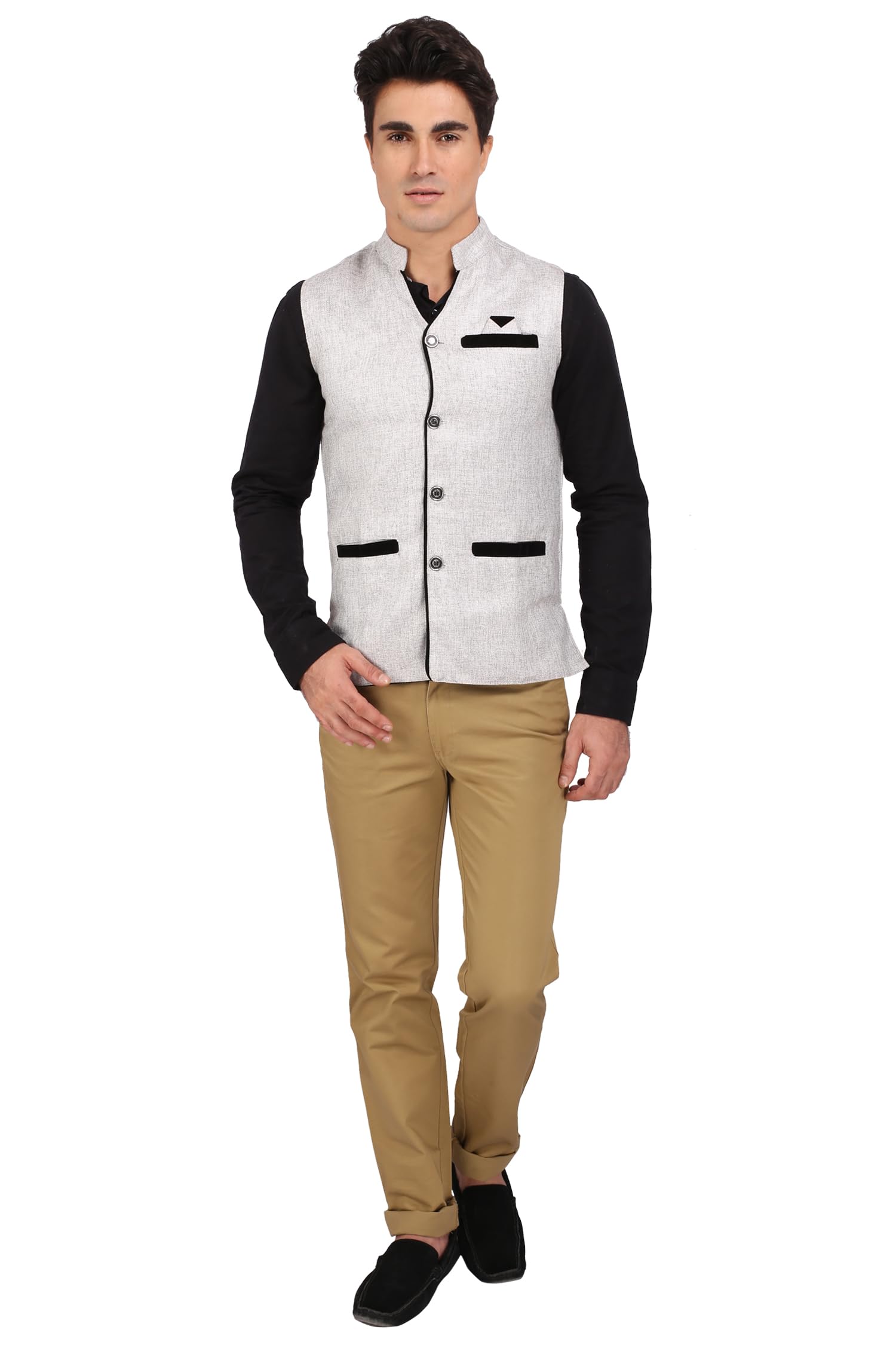 Ancestra Men's Nehru Jacket, Solid Cotton Blend, Regular Fit, Mandarin Collar, Front Chest Pocket, Button Closure-picture-11
