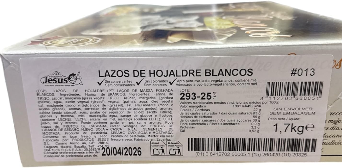 Lazos de Hojaldre Blancos con Miel (1,7 kg) Bollería Artesana, Sin Conservantes ni Colorantes, Dulces Tradicionales para Desayuno y Merienda