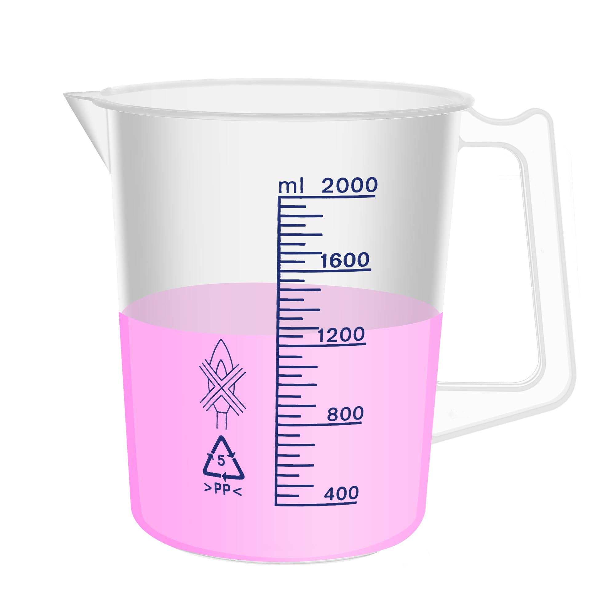 Vasos de plástico con asa, vol.2000 ml (66 onzas) taza medidora con línea de escala azul, jarra de plástico PP material ideal para actividades científicas y uso doméstico, LVB021