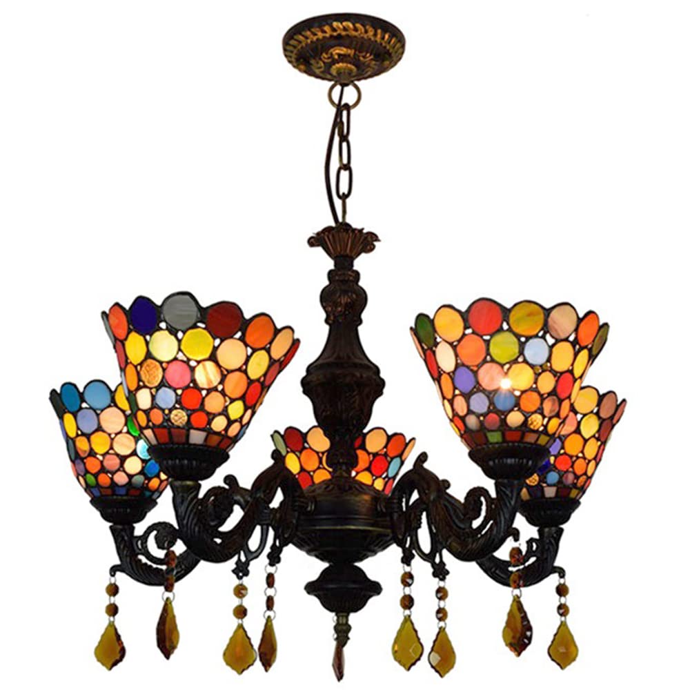 FYZDLAOR Stained Glass 5-Light Chandelier,Adjustable Pendant Light Light Fixtures,Tiffanystyle Stained Glass Hanging Light Wide 24 Inch with Crystal Pendant