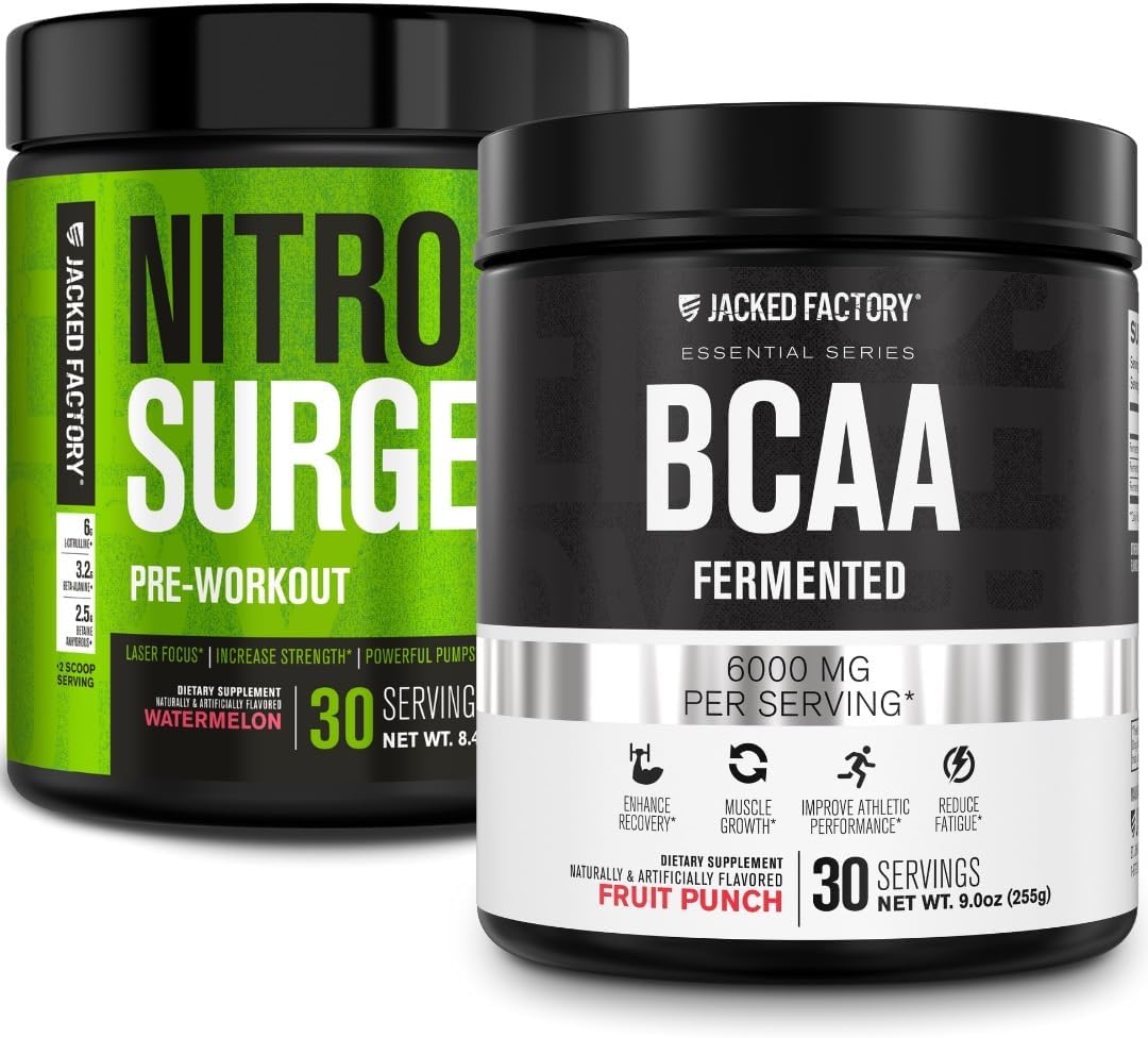 Jacked Factory Nitrosurge Pre-Workout in Watermelon & BCAA in Fruit Punch for Muscle Building and Recovery