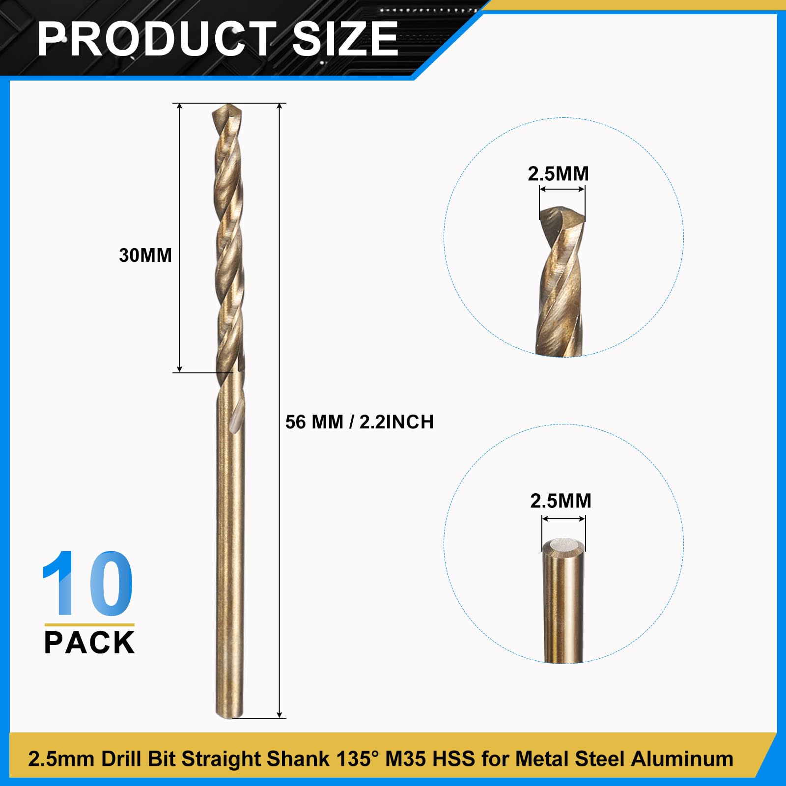PATIKIL 2.5mm Drill Bit, M35 Cobalt 5% High-Speed Steel Jobber Straight Shank 135° Gold Finish for Stainless Steel Hard Metal - 10 Pack - Image 2