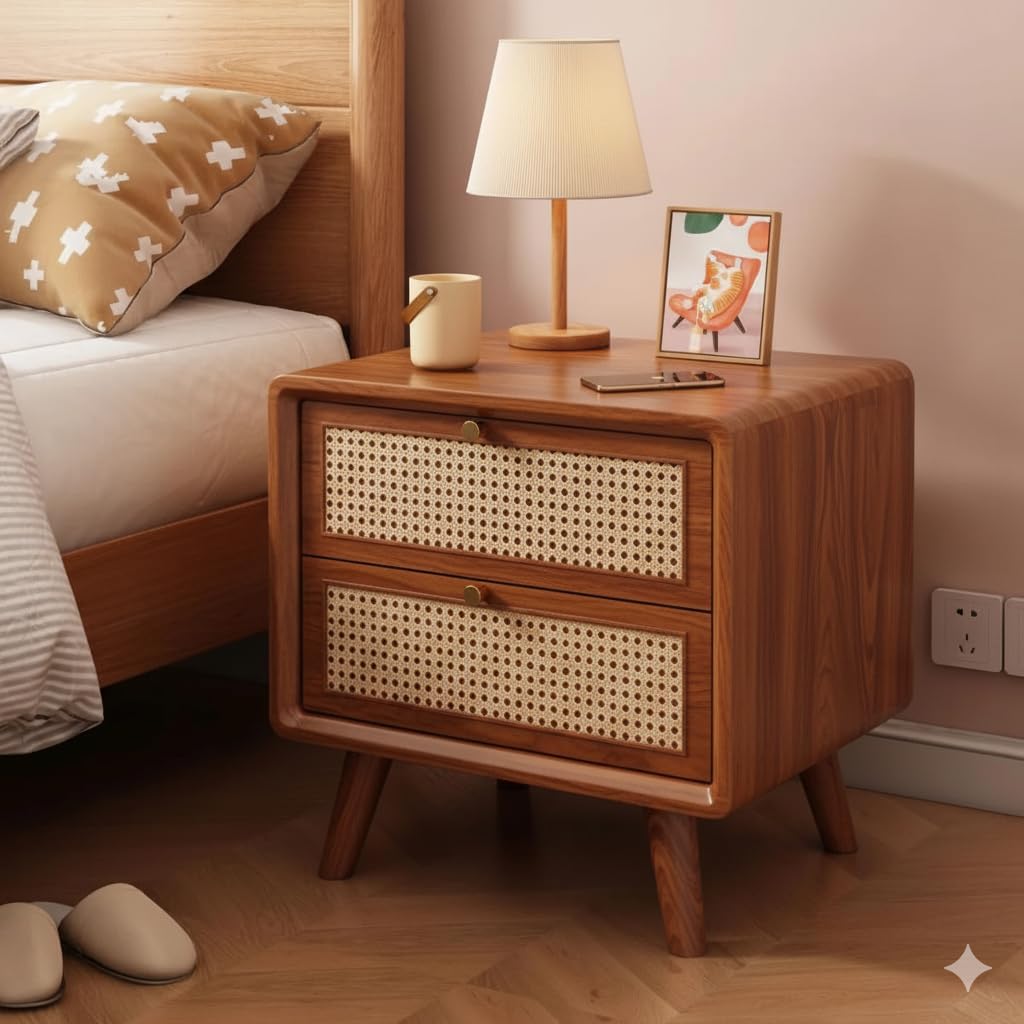 MISAN Boston Solid Wood Bedside Table with Rattan Drawers Mid Century Night Stand for Living Room | Cane Mid Century Modern Side Table with 2 Drawers-Multipurpose use for Living Room, Bedroom (Z-Hony)