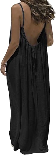 TFNOSIZE Women’s Summer Maxi Dress, Backless Spaghetti Strap Beach Dress, Loose Fit Holiday Dress with Adjustable Tie