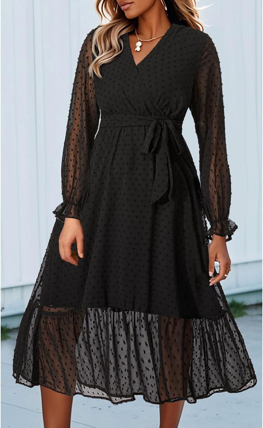 Women's Fall Long Sleeve Spring Dress Wrap V Neck Swiss Dot Casual A-Line Midi Dresses with Belt - Image 4