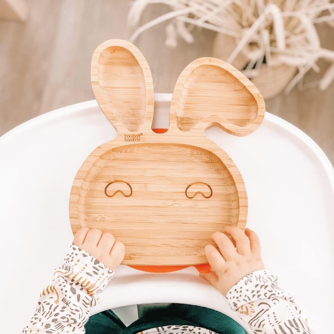 bamboo bamboo Set De Sevrage Assiette Bébé & Bol Bébé En Bambou, Assiette Et Bol À Ventouse Pour Repas Et Sevrage, Assiette Lapin, Bol Enfant & Cuillère Bébé, Dès 6 Mois (Lapin, Bleu)